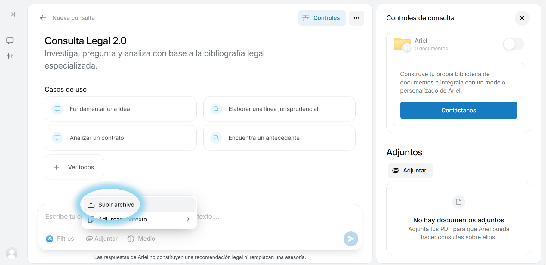 Opción Subir archivo