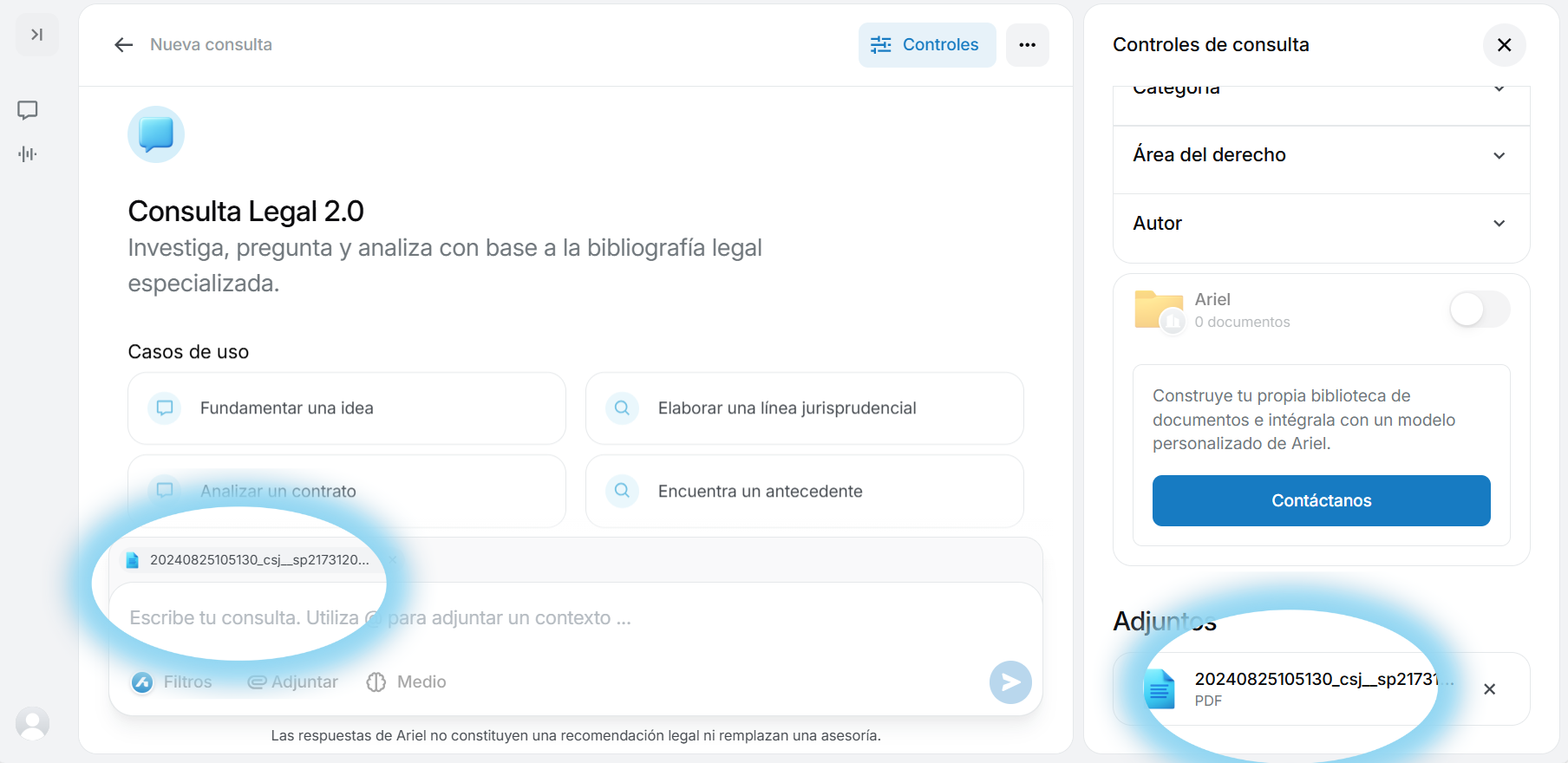 Documento cargado sobre la barra de chat
