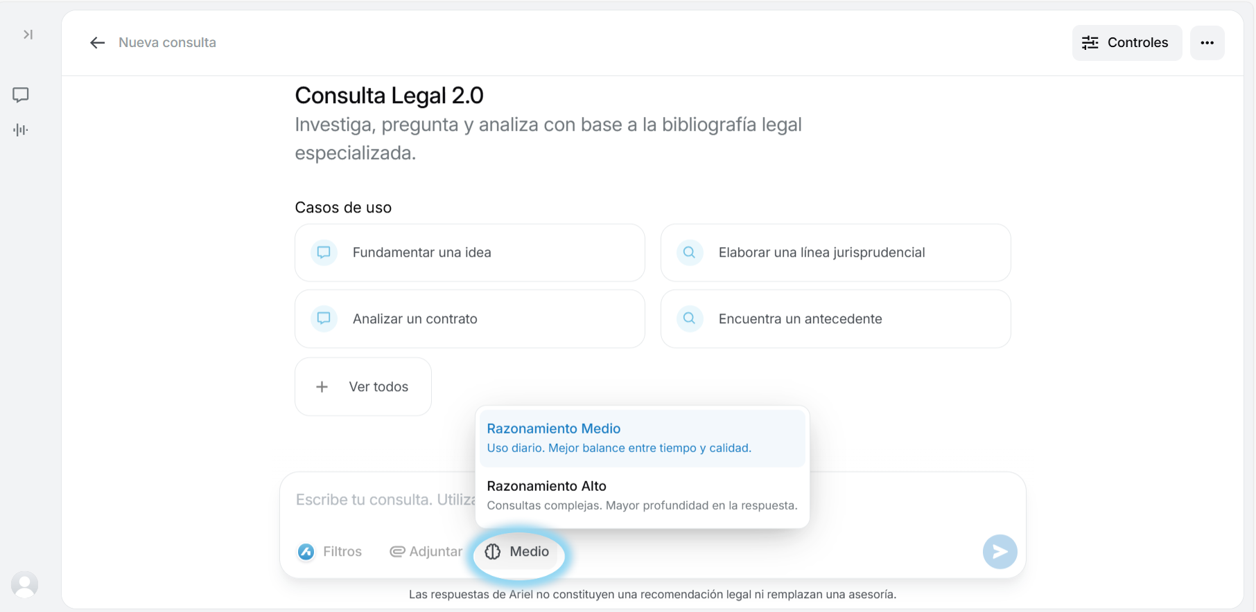Selector de nivel de razonamiento en la barra de chat de Ariel