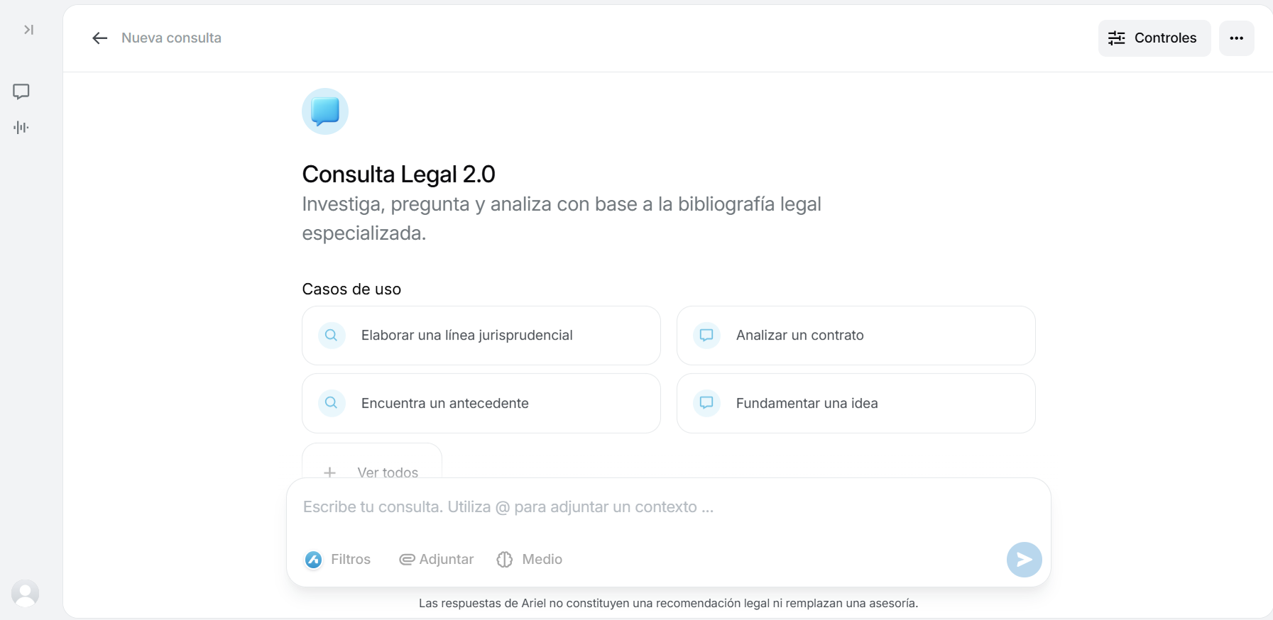Casos de uso disponibles en la pantalla principal de Ariel