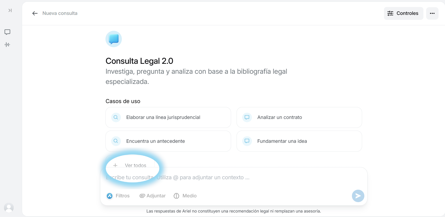 Menú de casos de uso de Ariel