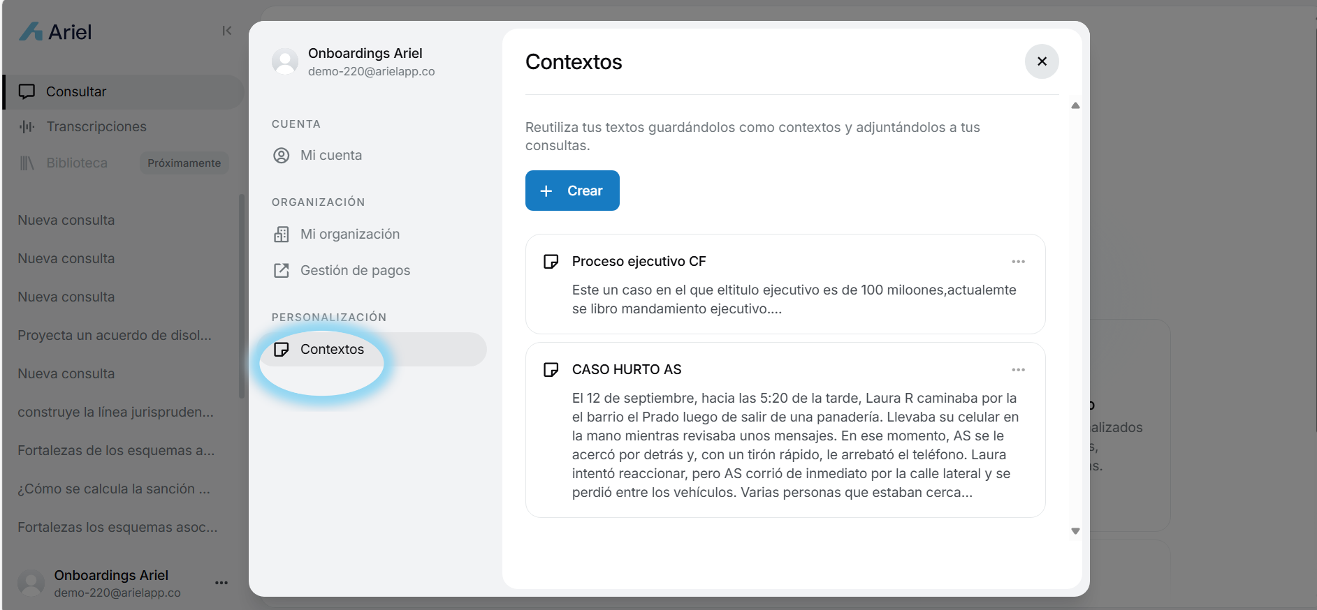 Sección Contextos en Ajustes