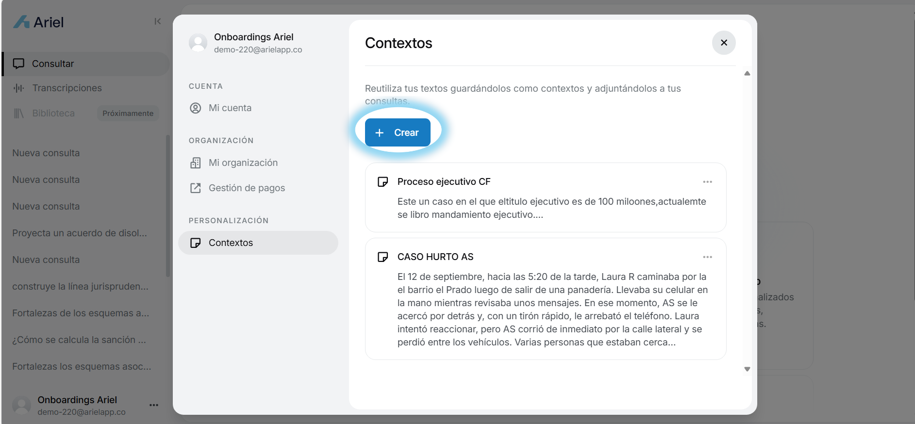 Botón Crear contexto