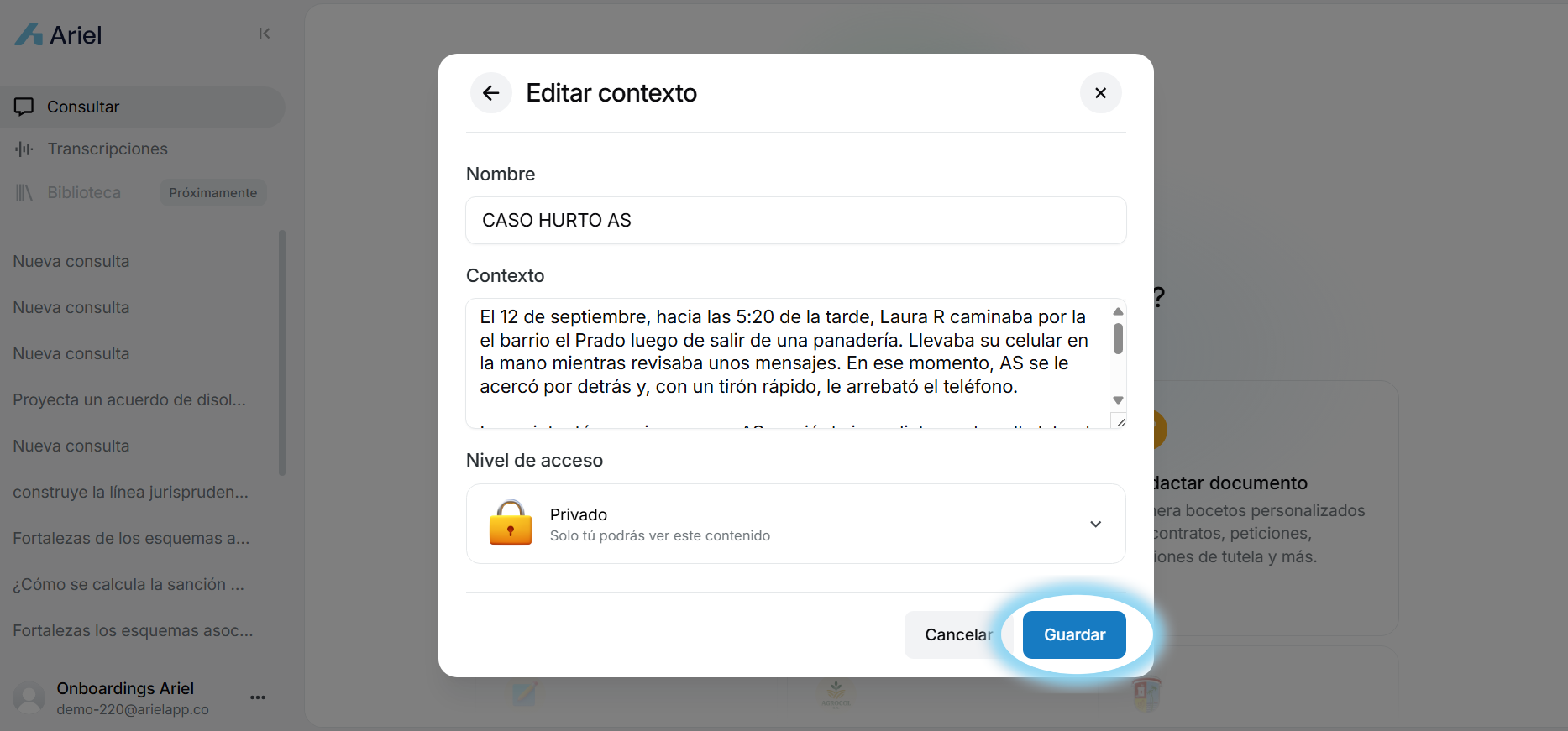 Guardar cambios del contexto