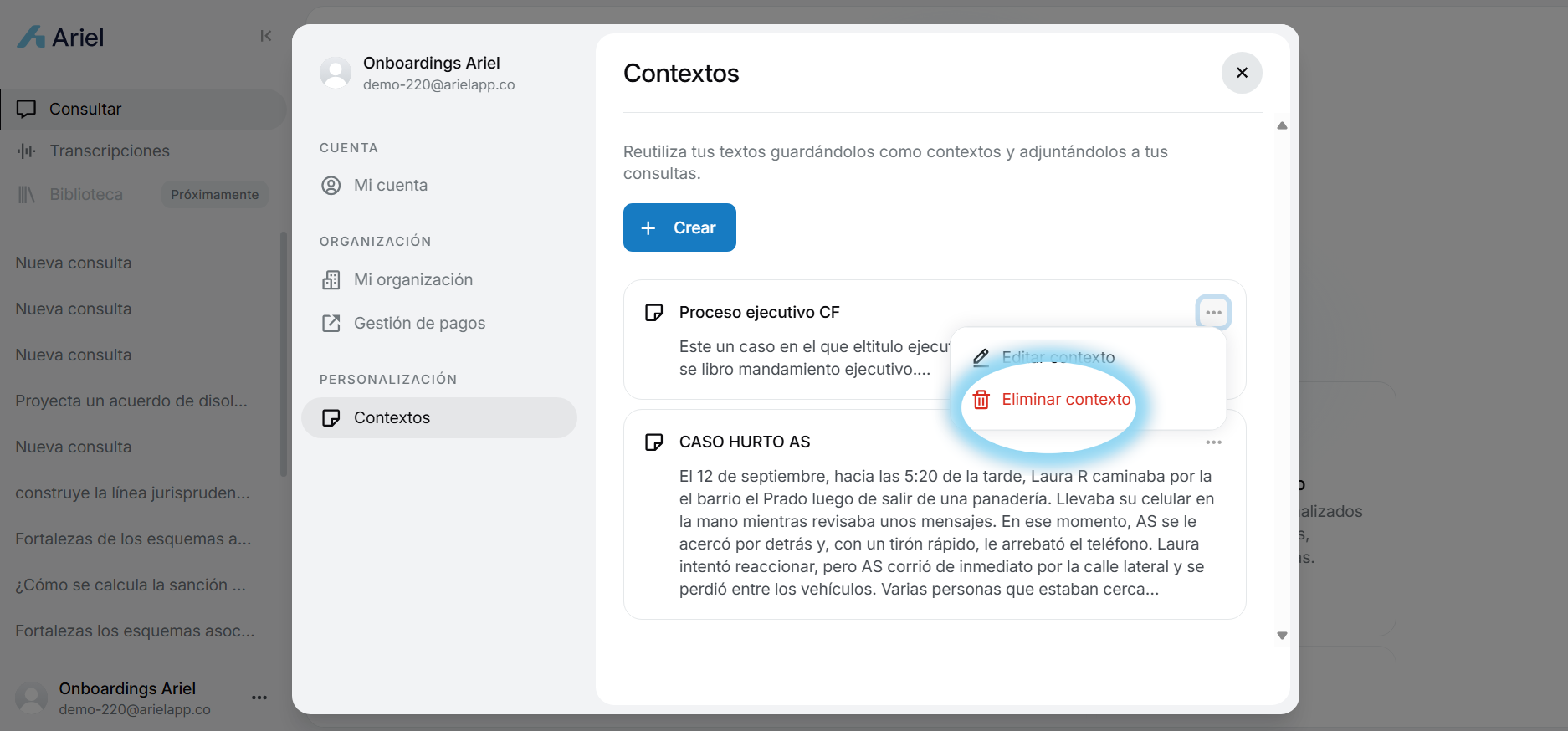 Opción Eliminar contexto