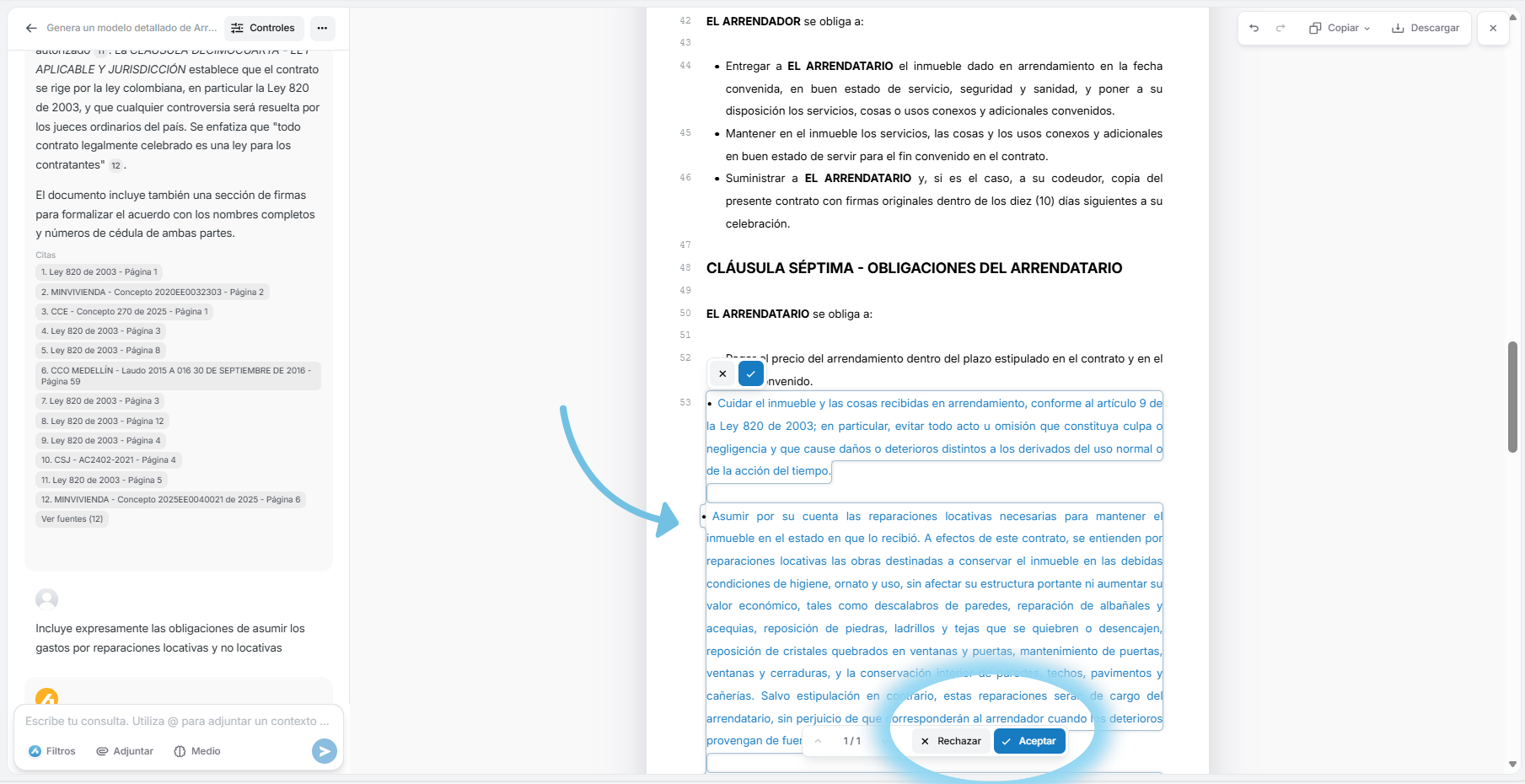 Cambios resaltados en azul sobre el documento