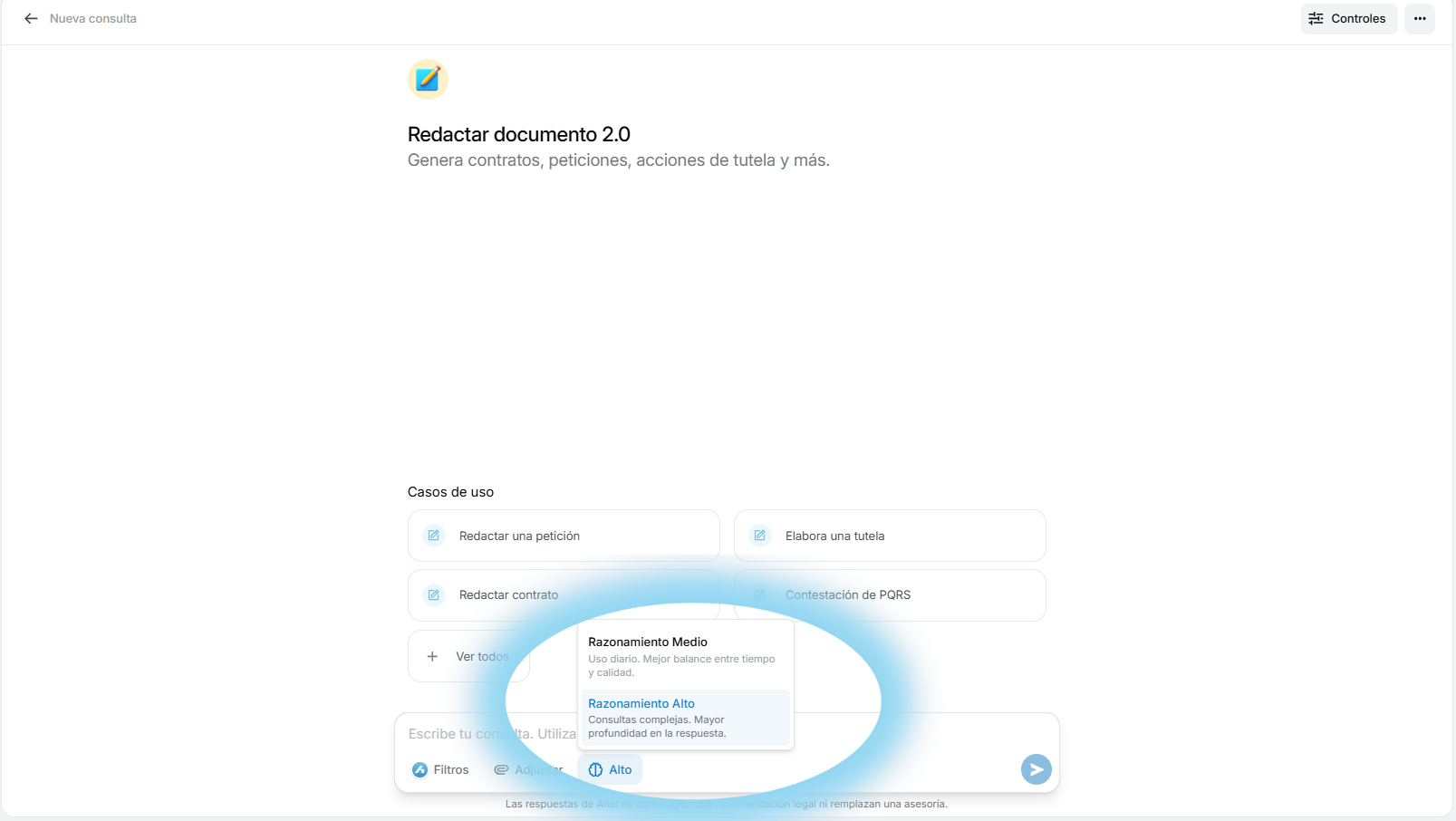 Selector de razonamiento en Redacción