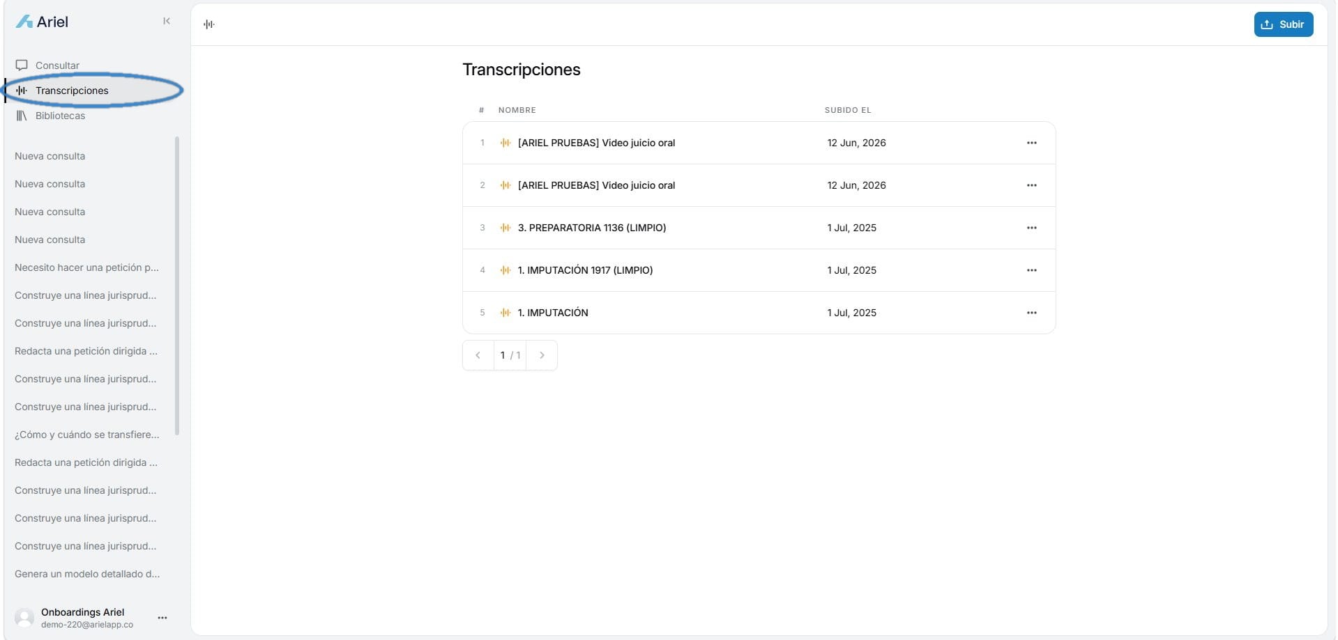 Acceso al módulo Transcripciones