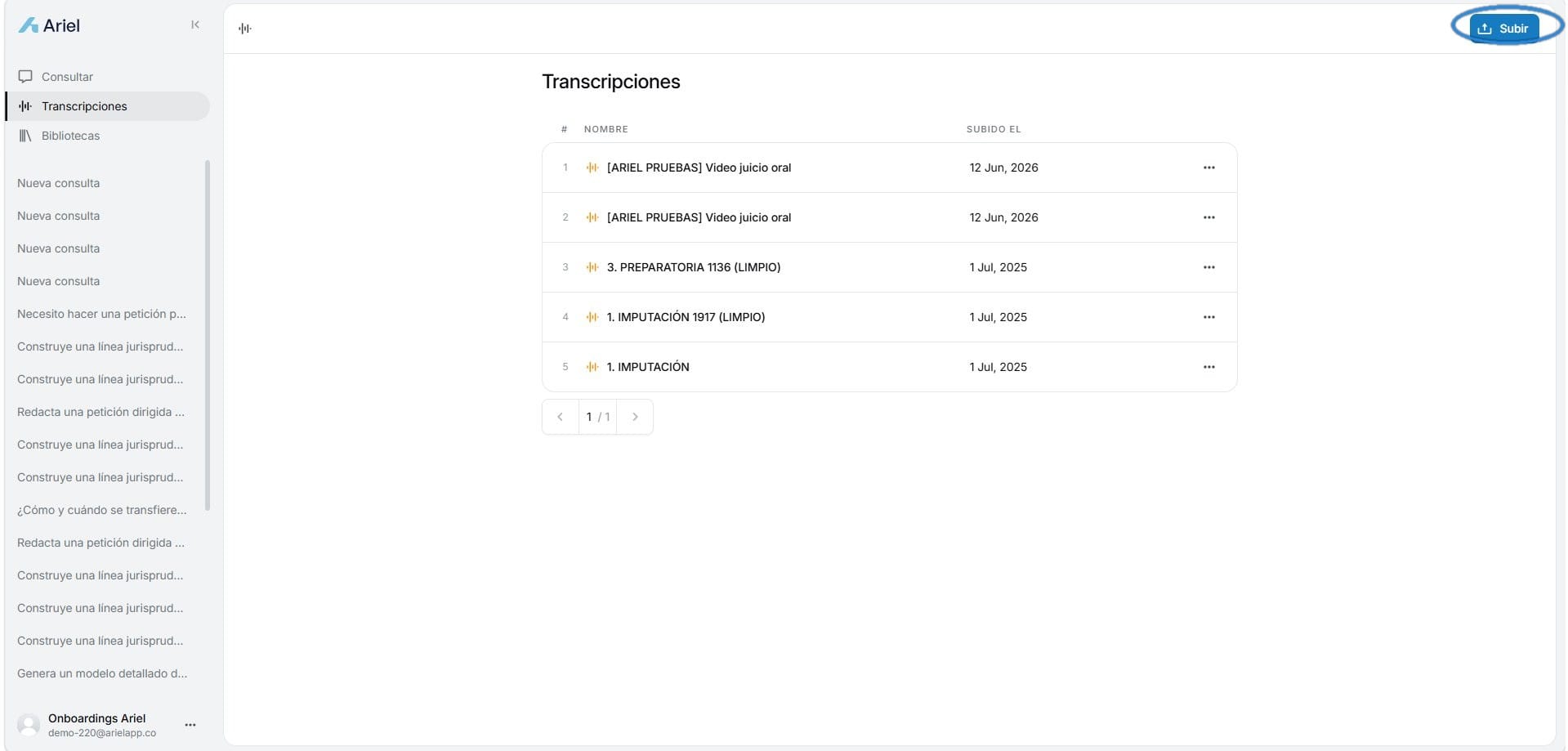 Botón Subir en Transcripciones