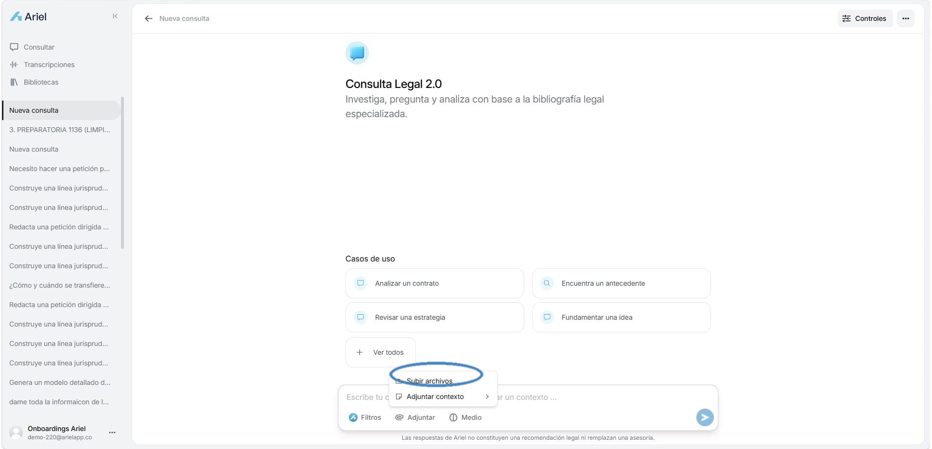 Opción Subir archivos