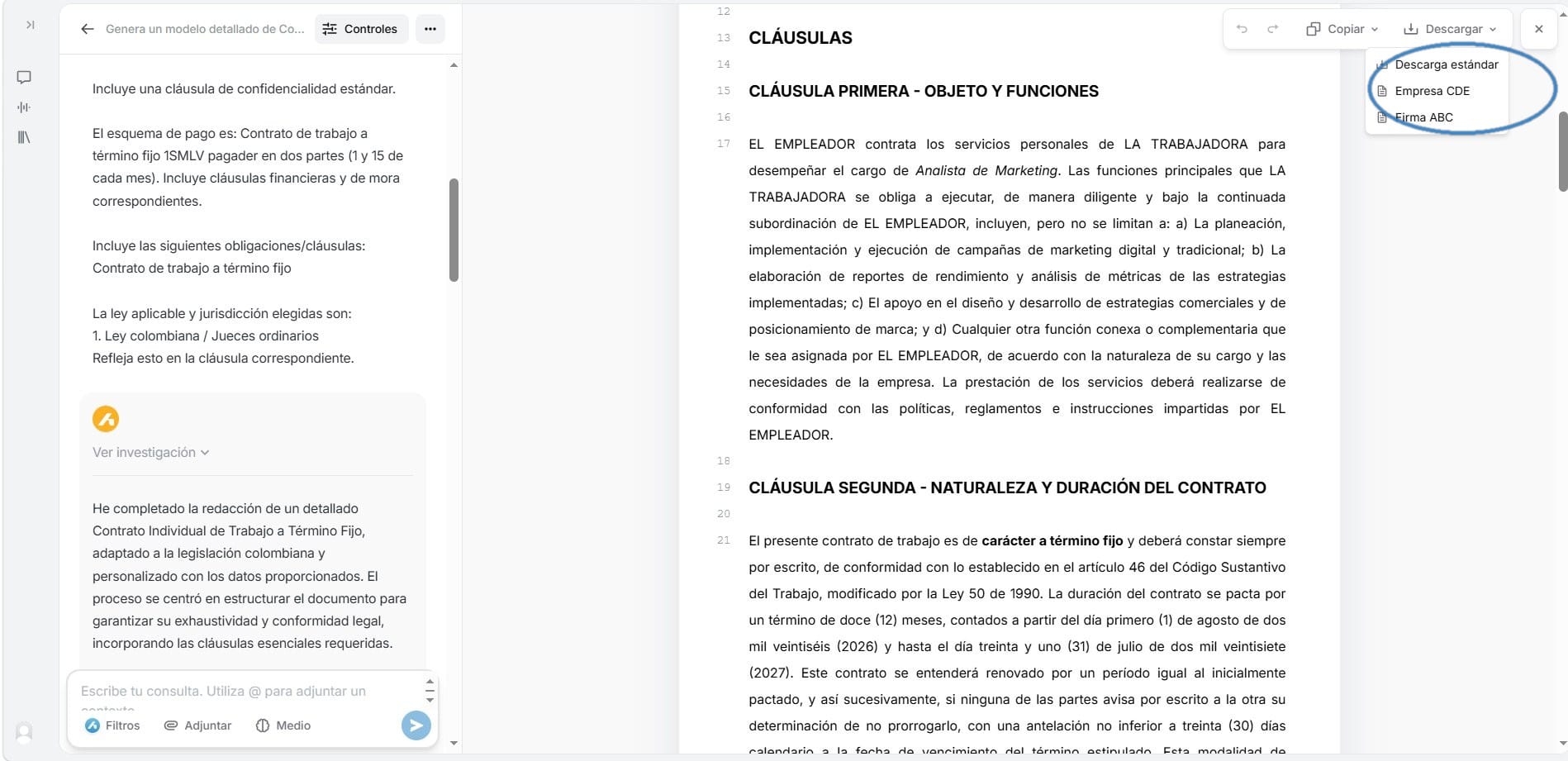 Menú de elección de plantilla al descargar