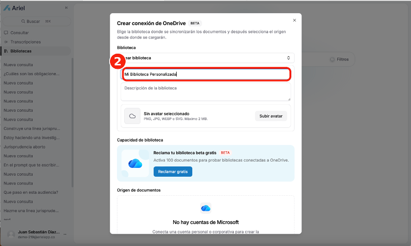 Ventana Crear conexión de OneDrive
