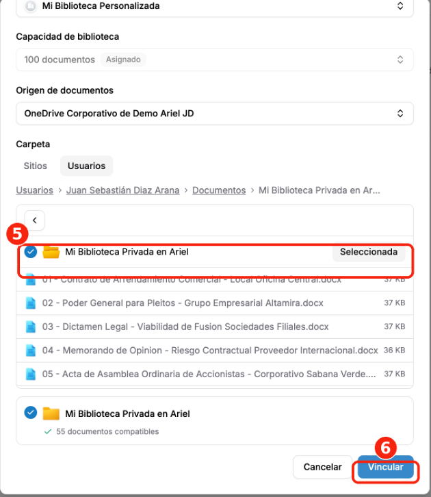 Navegación de carpetas y botón Vincular