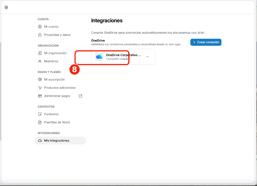 Pantalla Mis integraciones con OneDrive activo
