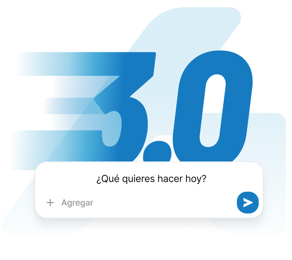 Ariel 3.0: el número 3.0 en movimiento sobre la barra de chat con la pregunta ¿Qué quieres hacer hoy?