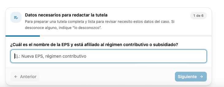 Formulario de Ariel titulado Datos necesarios para redactar la tutela, con el contador 1 de 6 y la primera pregunta sobre la EPS del usuario.