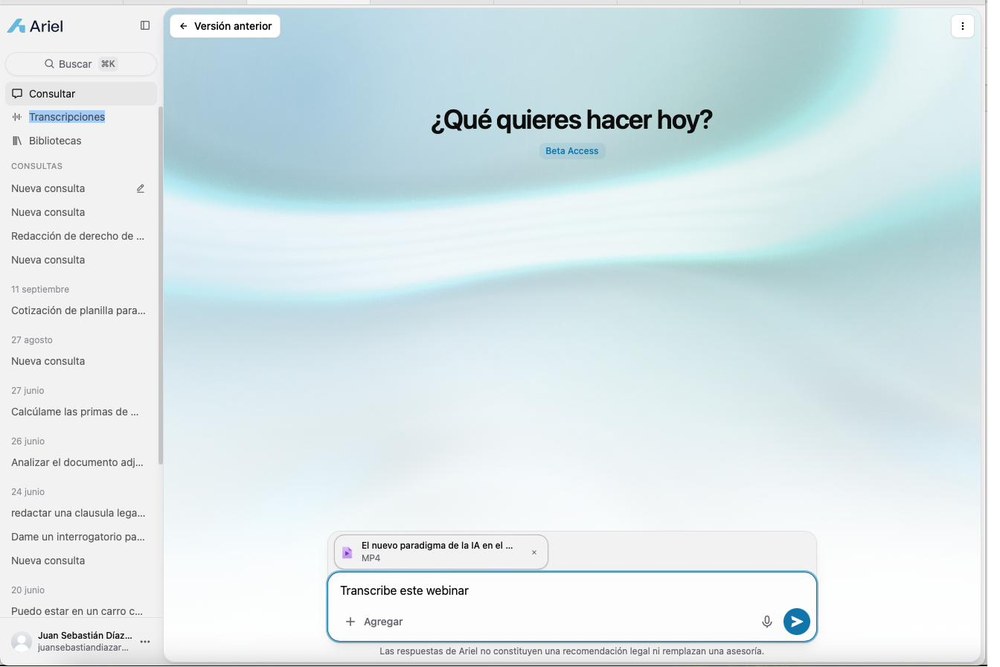 Un archivo de video adjunto en la barra de chat de Ariel con la instrucción Transcribe este webinar.